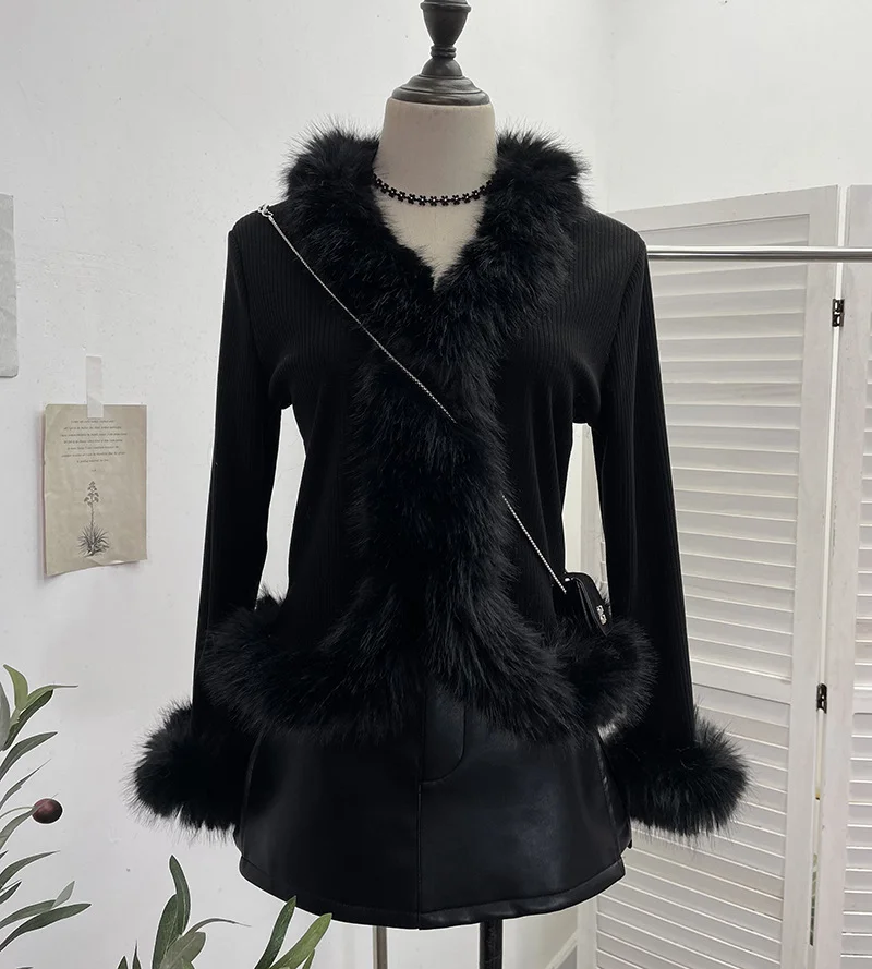 Uveng Real Shooting Babes V Collar Hair Spliced Knitted Cardigan Women Autumn And Winter Decoration Slim Coat Temperament Coat 2676