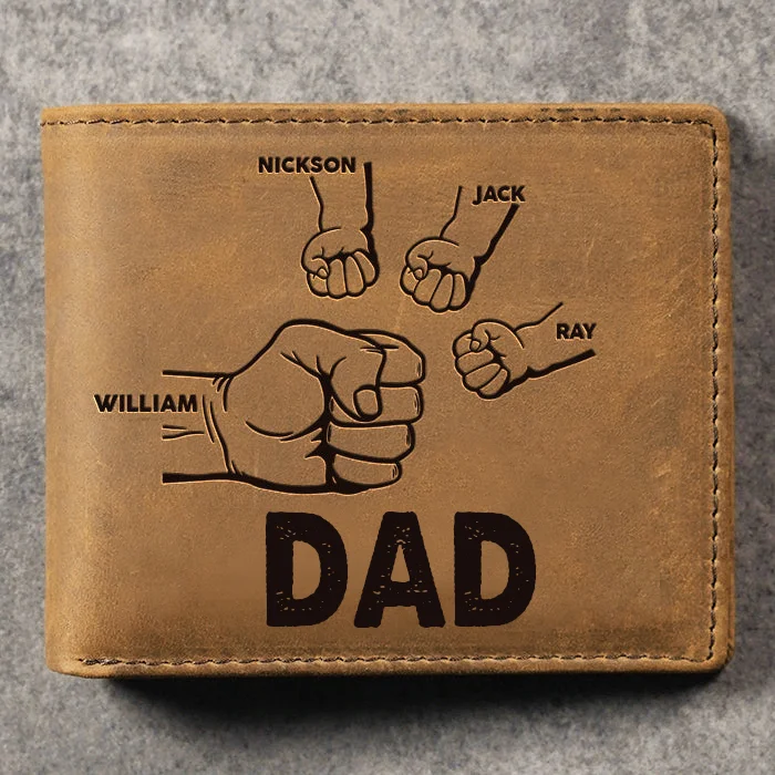 4 Names-Personalized Leather Mens Wallet Engraved 4 Names Fist Bump Folding Wallet Set With Gift Card Gift Box For Father's Day Gifts