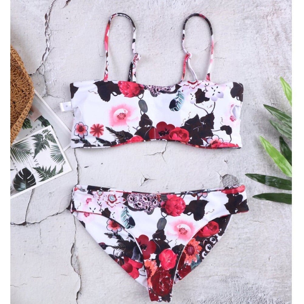 Women Lace Up Floral Bikini Set Push-up Paddad Beach Swimsuit Bathing Suit Swimwear Swimming Suit