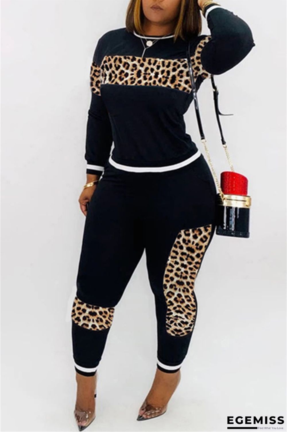 Black Casual Print Two Piece Suits Patchwork Leopard pencil Long Sleeve | EGEMISS