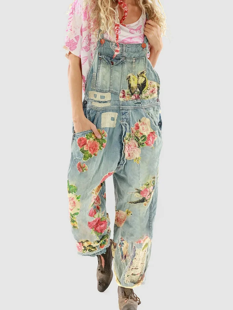 Ursime Vintage Floral Pattern Quilted Pocket Loose-Fit Denim Overalls Jumpsuit