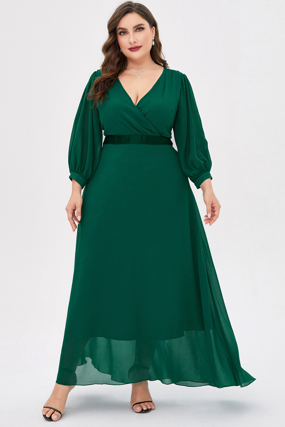 Flycurvy Plus Size Formal Green Chiffon Fold Lantern Sleeve V Neck Tunic Empire Waist Maxi Dress 2024 - Flycurvy 