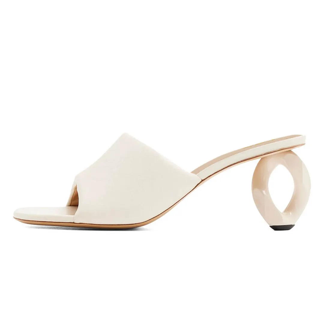Simple Ivory Vegan Leather Open Toe Sculptural Heel Mules Shoes