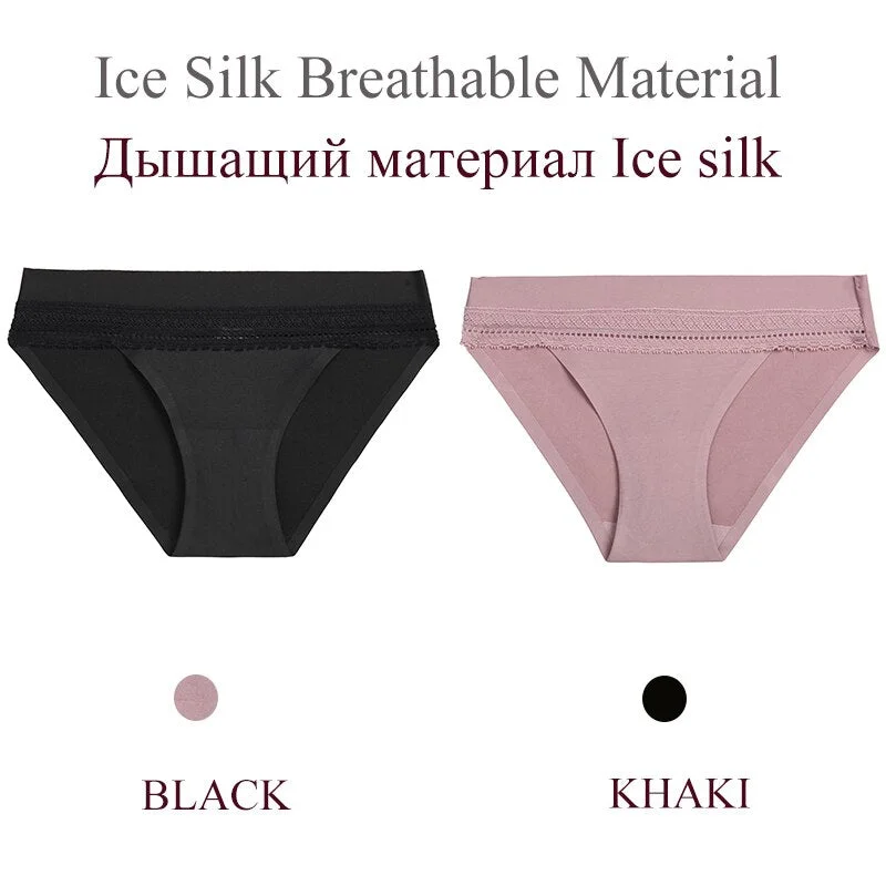 FINETOO 2PCS/Set Woman Lace Sexy Panties Ice Silk Women Underwear Seamless Low-Rise Lingerie Female Breathable Girls Panty 2021