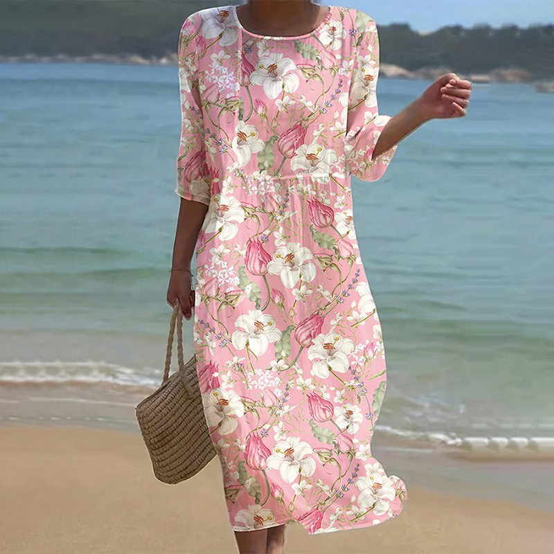 Comstylish Women's Japanese Floral Art Linen-blend Crew Neck Maxi Dress