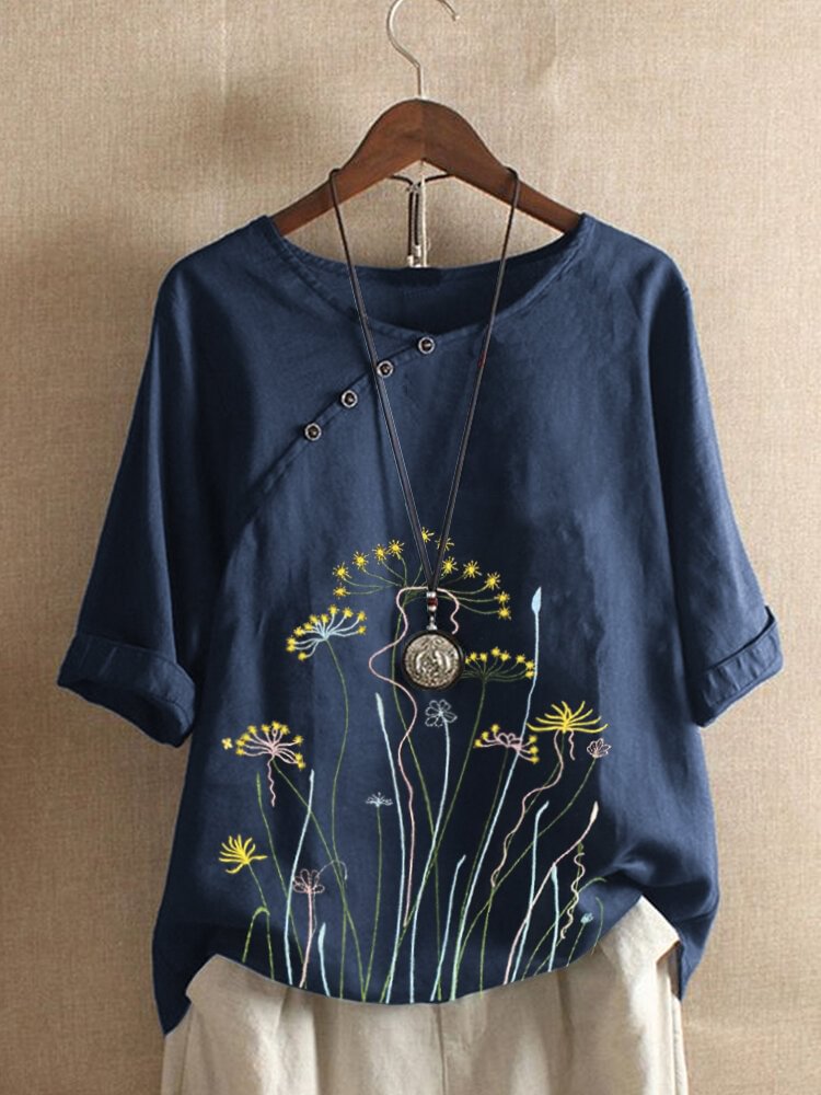 Floral Embroidery Button Half Sleeve Blouse For Women P1715626