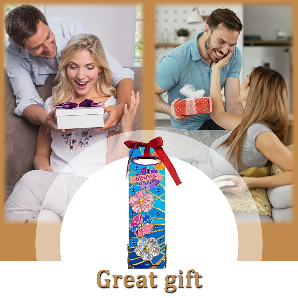Wooden 5D/DIY Diamond Painting Art Wine Bag Kit for Party Wine Decor (Flowers)