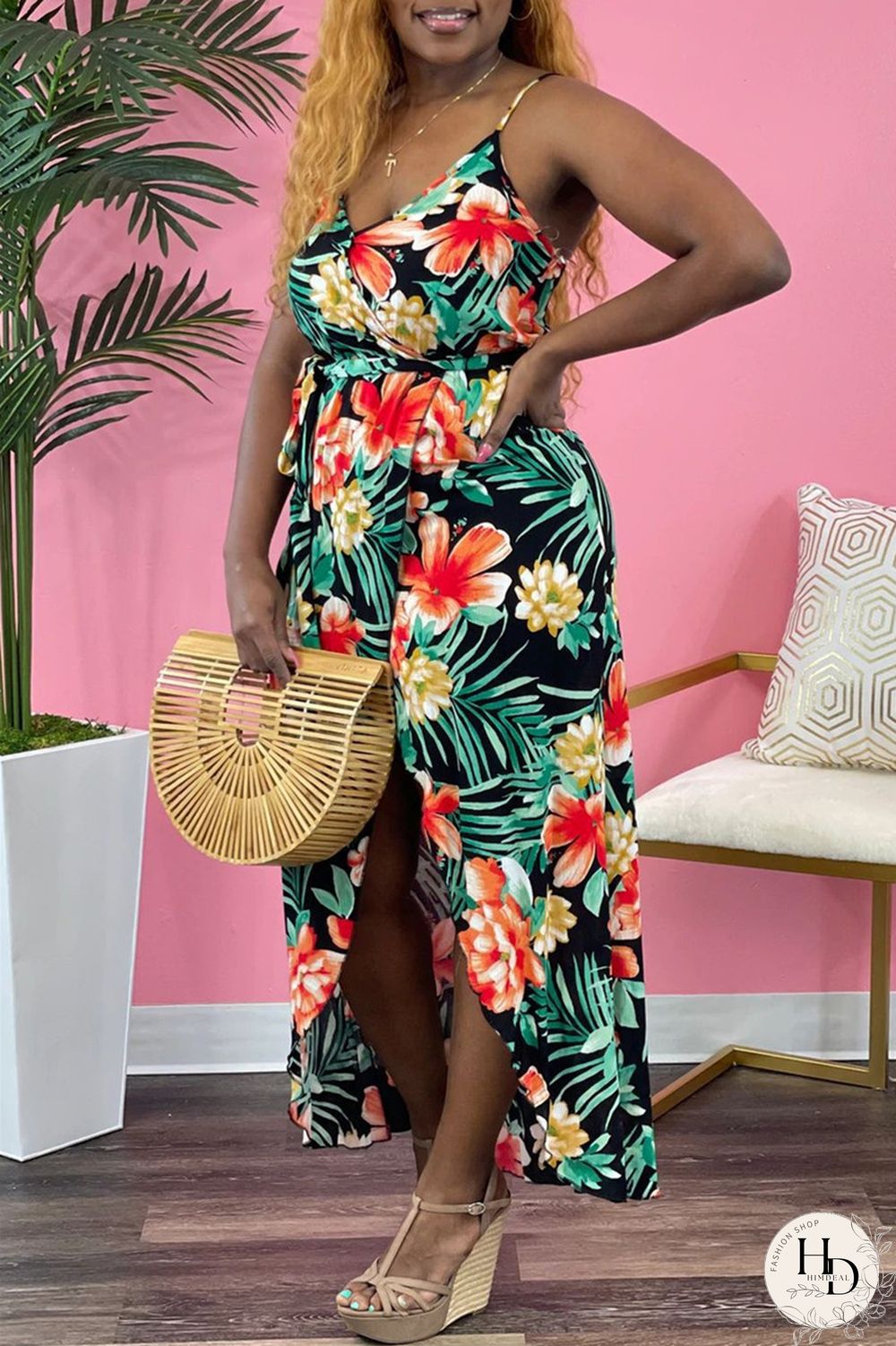 Red Sexy Casual Print Bandage Backless V Neck Sling Dress