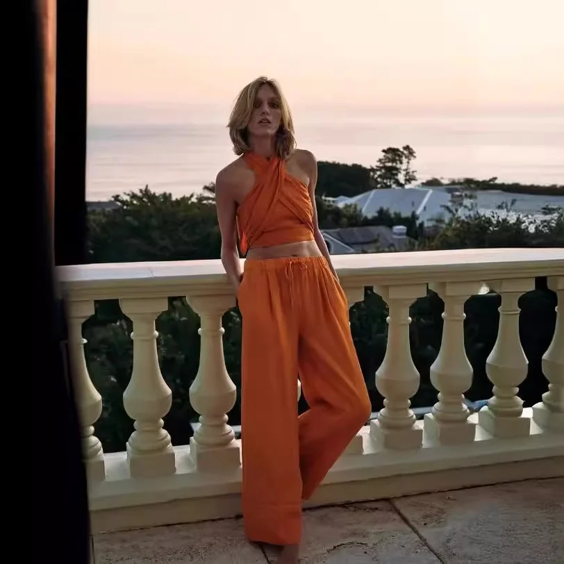 Nigikala Nigikala Women's Clothing INS Burst Cross Hanging Neck Top Trousers Set Fashion Casual