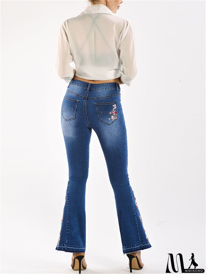 MidiSono - New Washed Effect Embroidery Skinny Flare Denim Pants