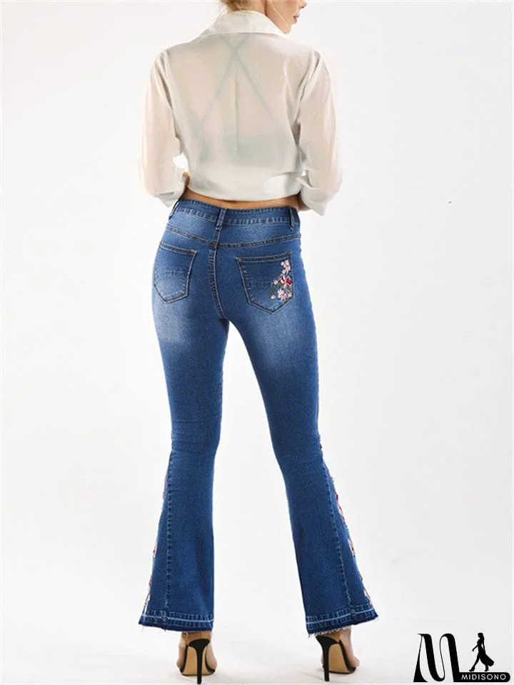 MidiSono - New Washed Effect Embroidery Skinny Flare Denim Pants
