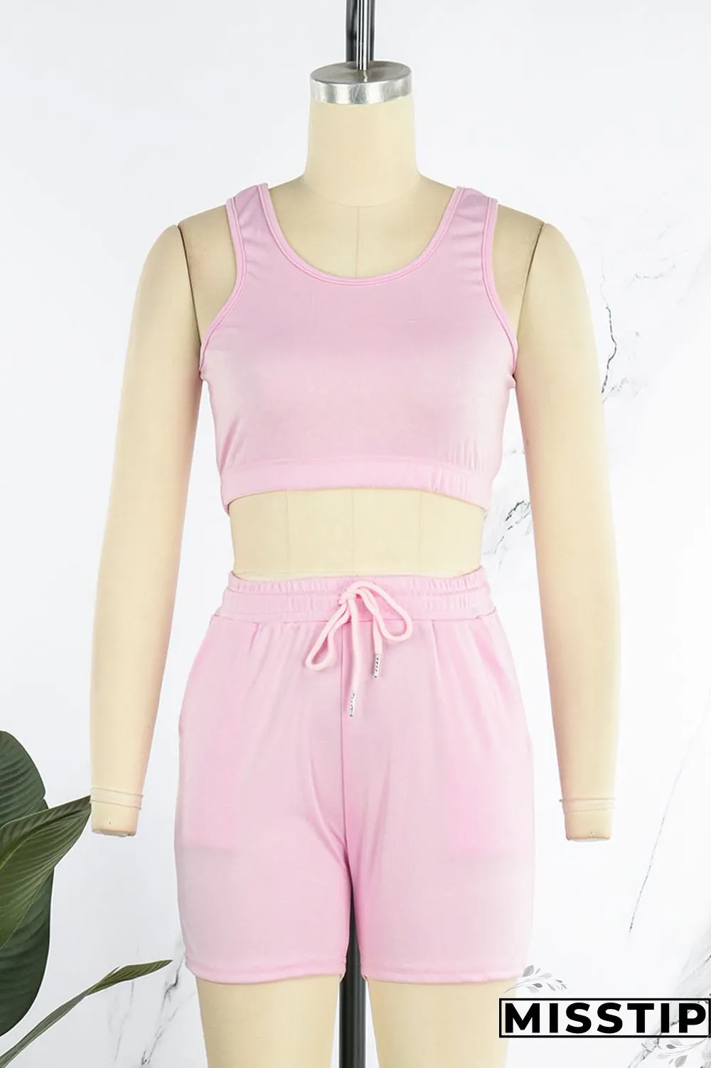 Black Sportswear Solid Patchwork U Neck Sleeveless Two Pieces