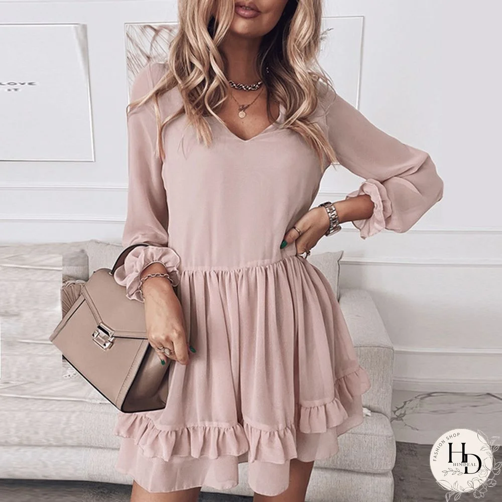 Women V-Neck Long Sleeved Chiffon Mini Dress Holiday Party Ruffle Dress