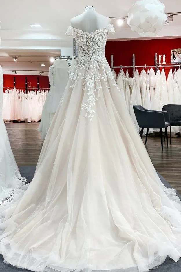 Pink Off The Shoulder Long Sleeve A Line Wedding Dress