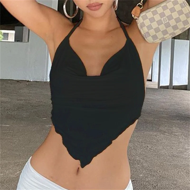 Uveng Uveng Summer Women's Dress Solid Color Dew Back Tie Hanging Neck Diamond Wave Belly Pocket Skirt