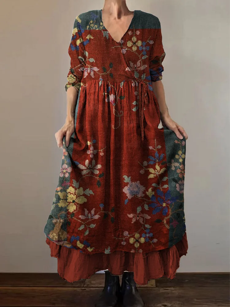 Retro Boho Floral Print Vintage V-Neck Double Hemline Cotton Long Sleeve Midi Dress