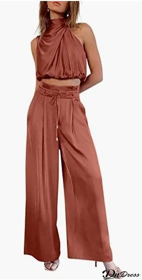 Women Fashion Casual Solid Color Sleeveless Top Pants Two-Piece Set