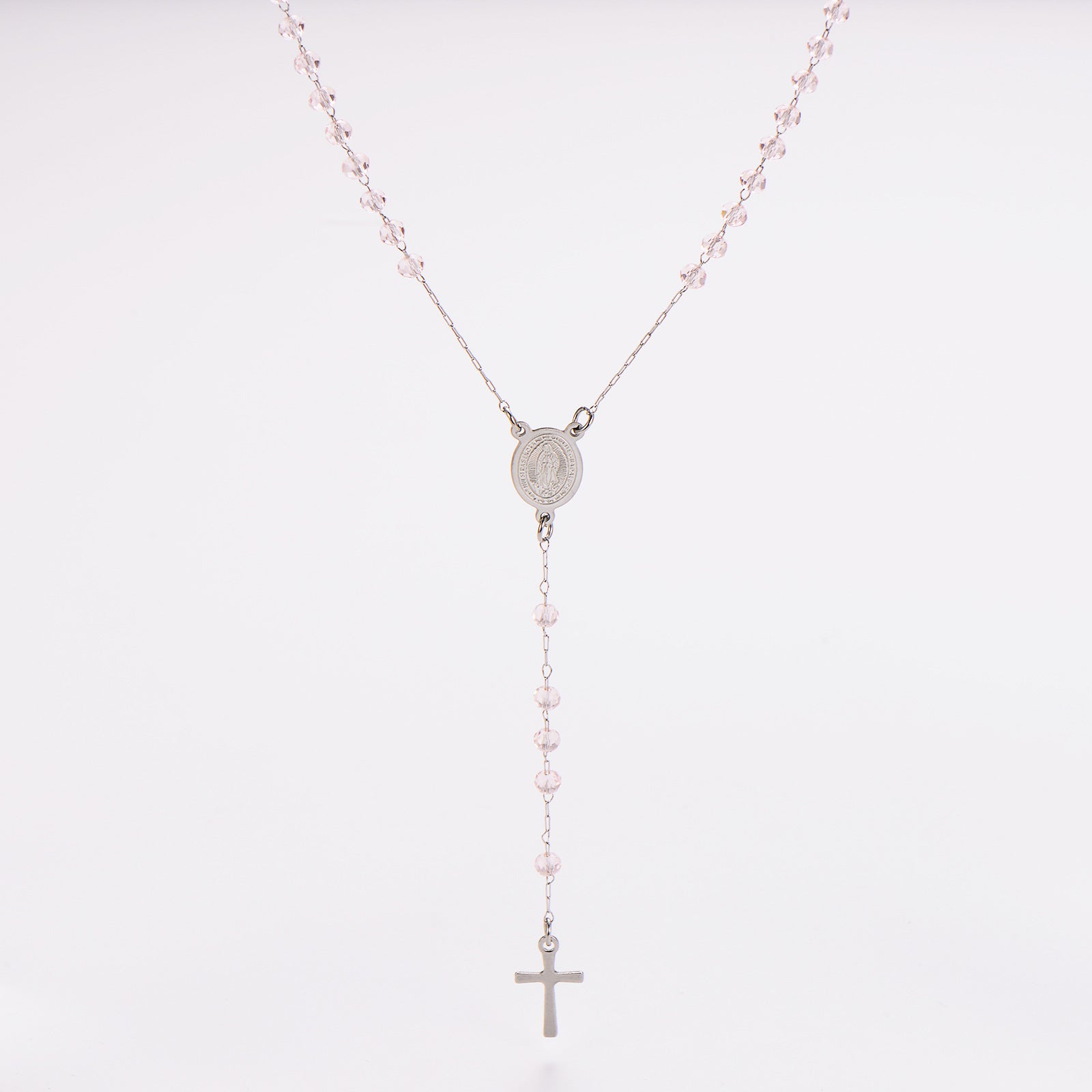 Aml Dopamine Color Crystal Beads Double-Sided Catholic Saint Benedict Portrait + Holy Medal Stainless Steel Long Necklace