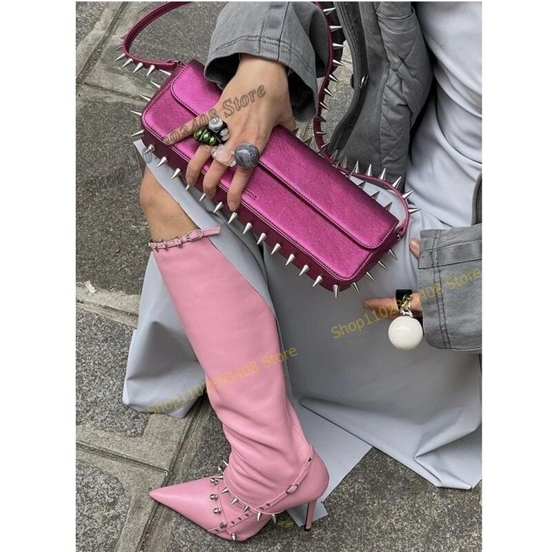 VCSHOES Pink Rivet Buckle Decor Knee High Boots PU Leather Pointed Toe Thin High Heel Zipper Women Shoes Zapatos Para Mujere