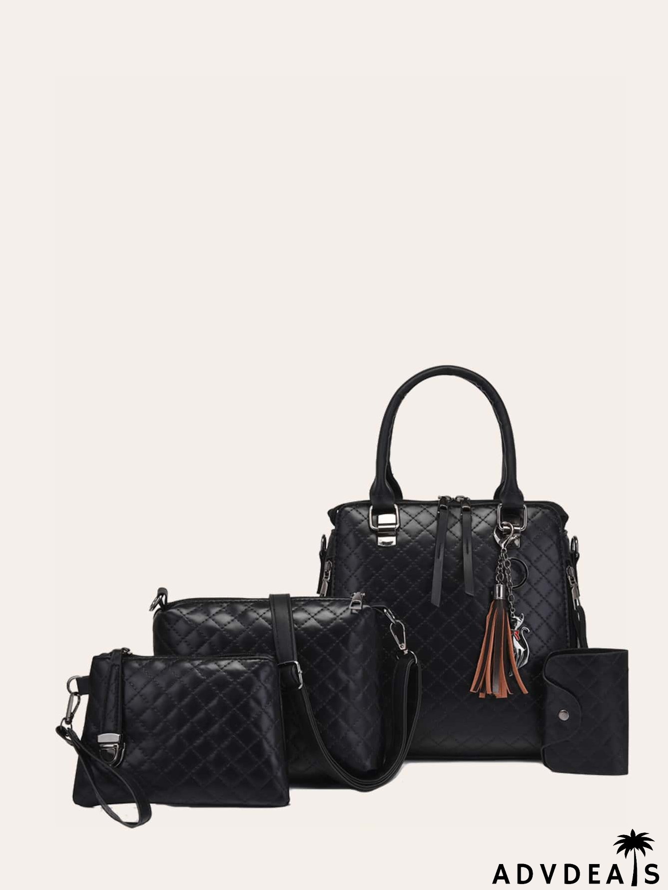 4pcs Tassel Decor Quilted Top Handle Bag Set