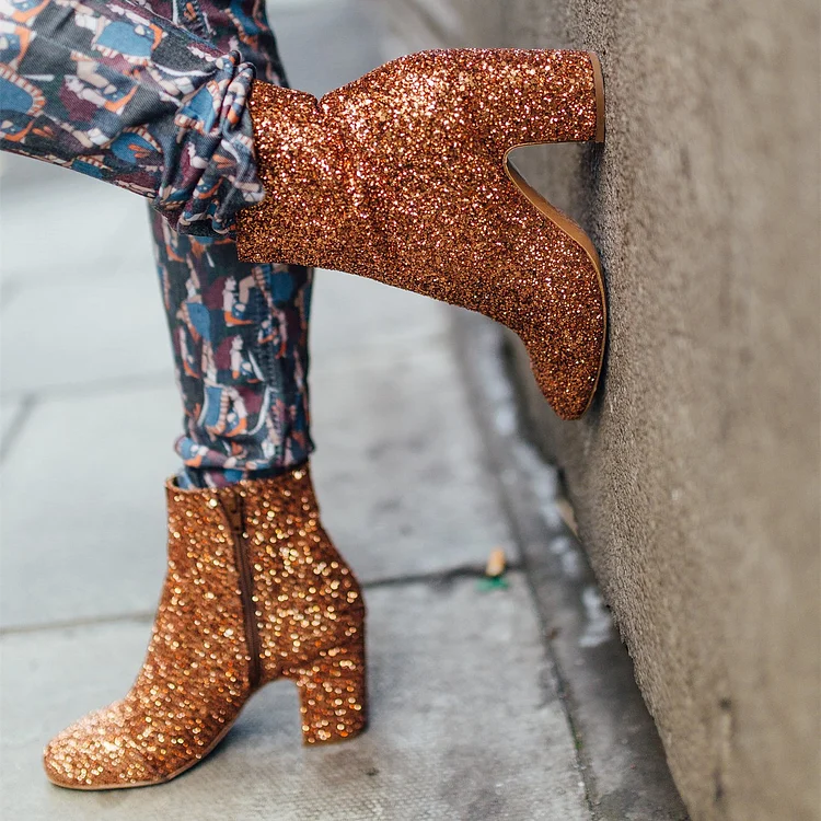 Gold Glitter Zipper Booties Round Toe Block Heel Ankle Boots |FSJ Shoes