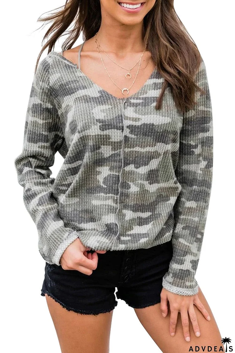 Camo Print V Neck Long Sleeve Knit Top