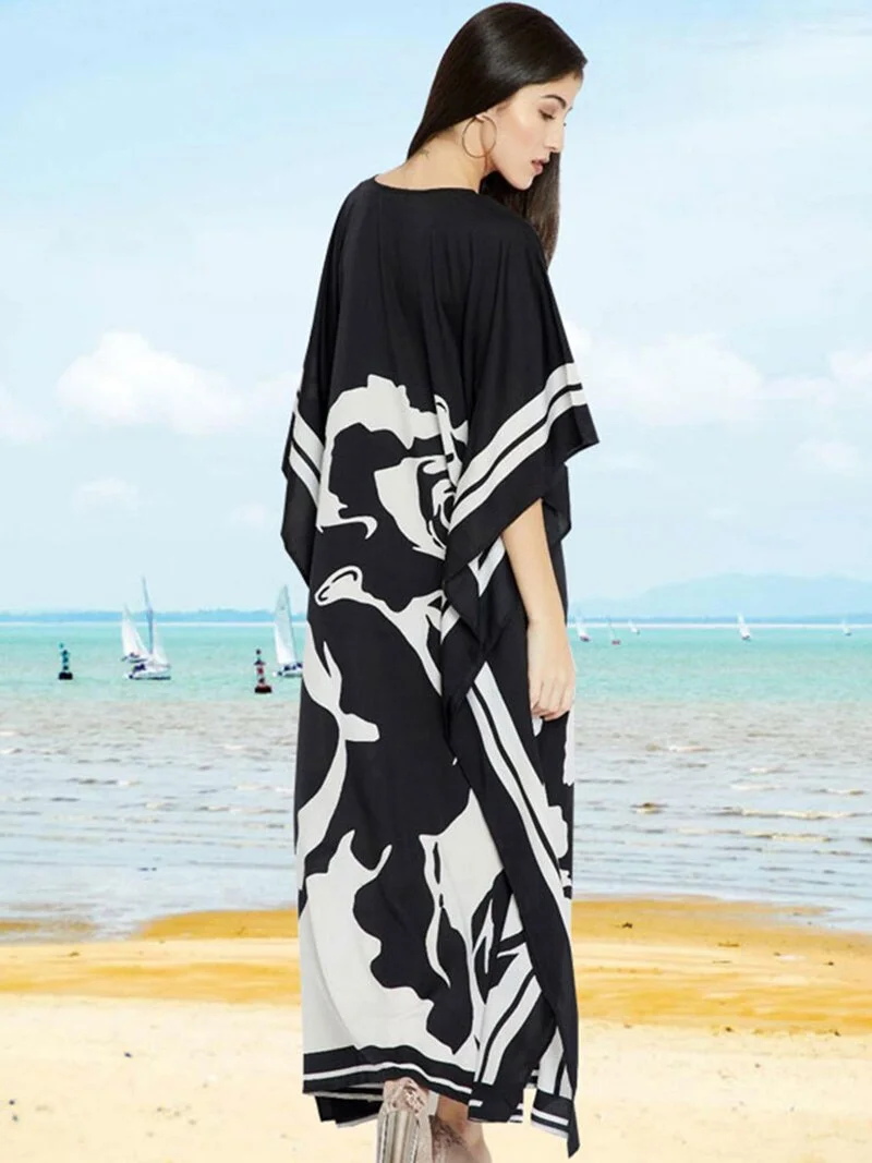 Fitshinling Print Floral Holiday Long Dress Beach Wear Oversized Batwing Sleeve Loose Cover-Up Boho V Neck Pareos Women 2020 New