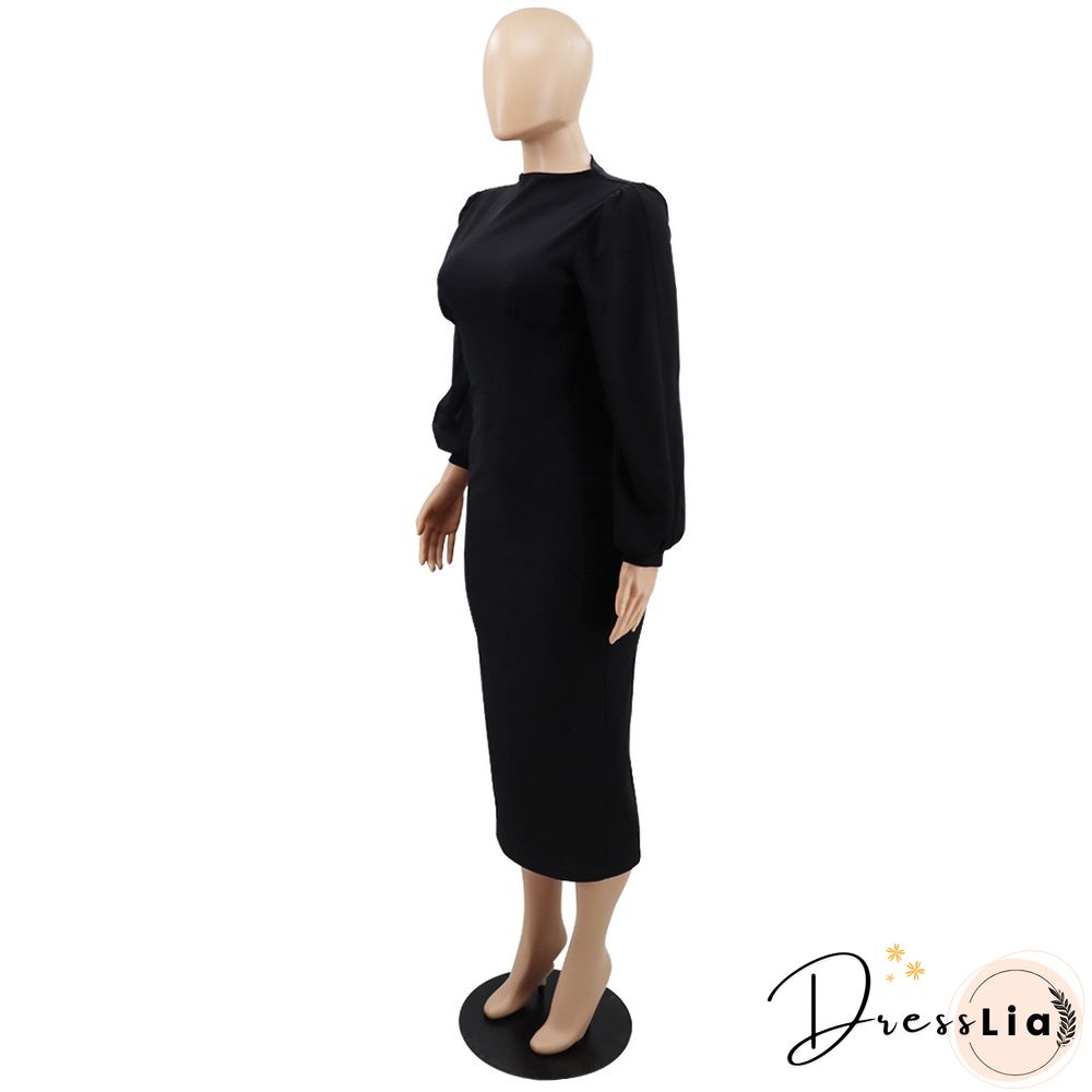 Elegant Solid Lantern Sleeve Maxi Pencil Dress