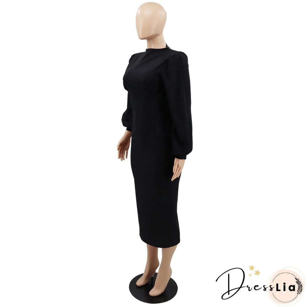 Elegant Solid Lantern Sleeve Maxi Pencil Dress