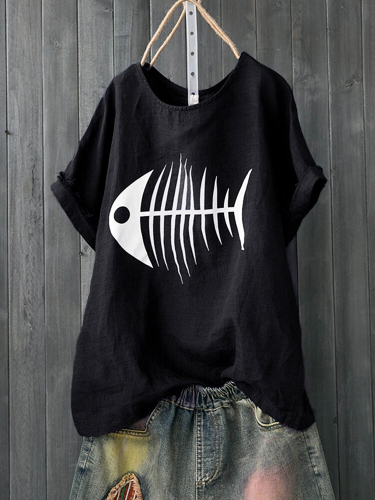 Casual Cartoon Fish Bone Print Short Sleeve O Neck T shirt P1649256