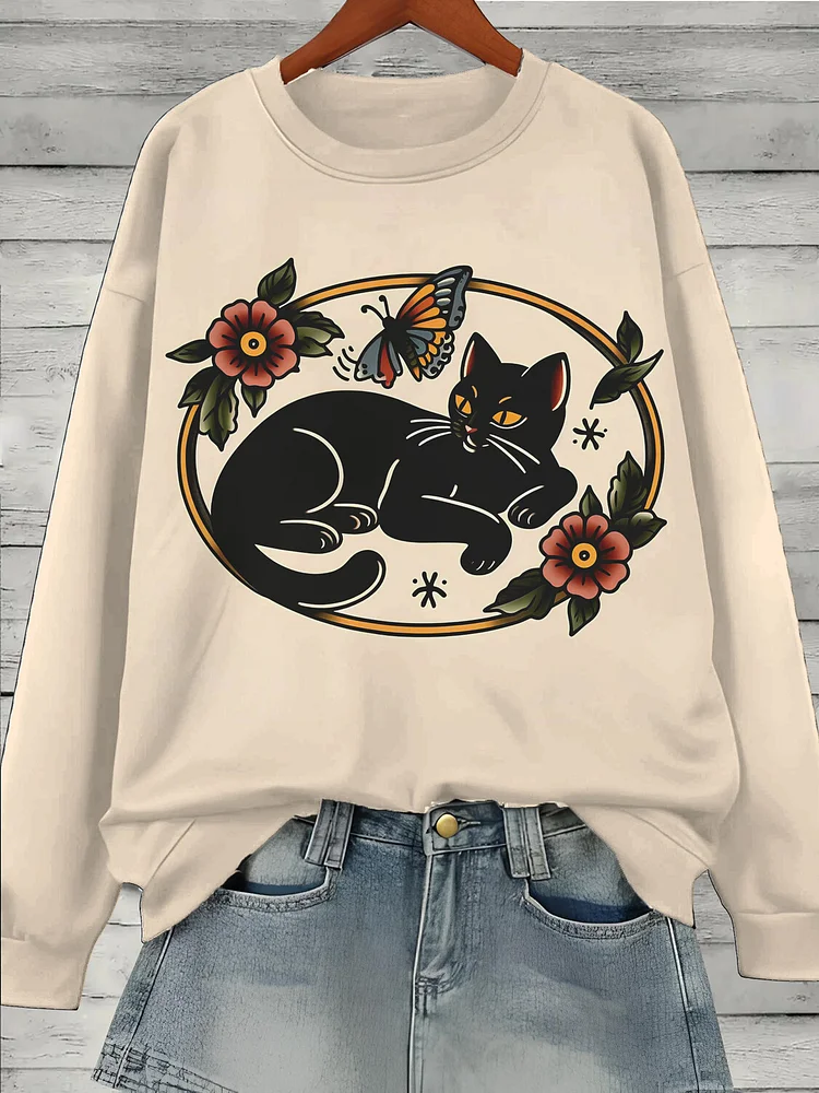 Women's Retro Floral Black Cat Old School Art Print Cozy Sweatshirt