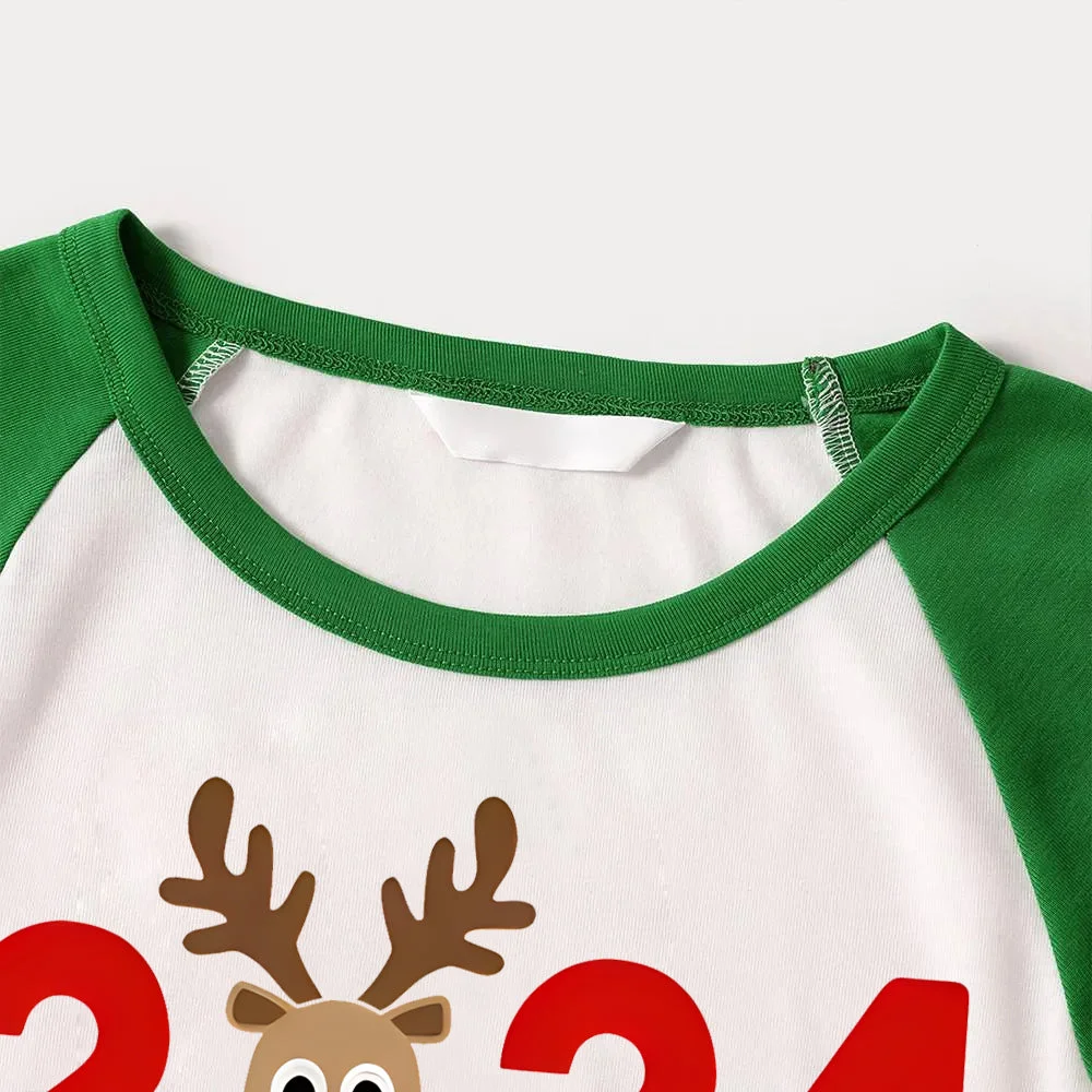 "2024 Family Christmas" Moose Letter Prints Green Rotator Cuff Top With Green & Black Plaid Family Matching Pajamas