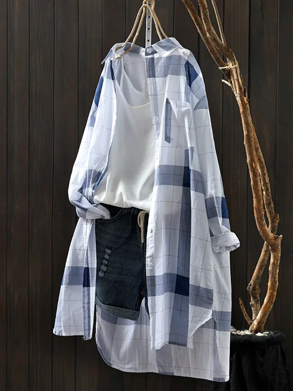 Long Sleeves Loose Contrast Color Plaid Sun Protection Lapel Collar Blouses&Shirts Tops