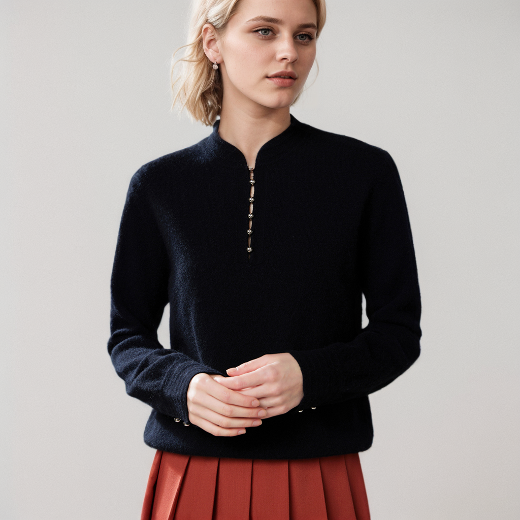 Pull en cachemire boutonné semi-col roulé- SOIE PLUS