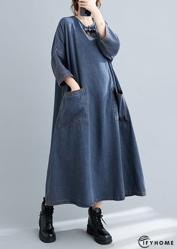 Plus Size Blue O Neck Pockets Patchwork Denim Long Dresses Fall | IFYHOME