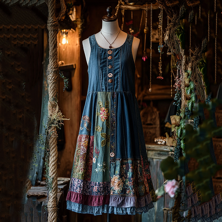 Vintage Denim Sunflower Floral Patchwork Sling Dress