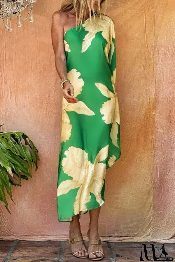 MidiSono - Floral Print One Shoulder Maxi Dress