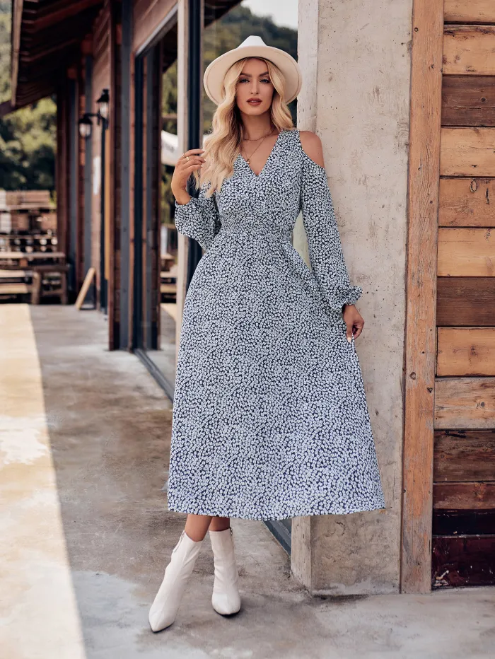 Women's Fashion V Neck Casual Off Shoulder Long Sleeve Printed Maxi Dress