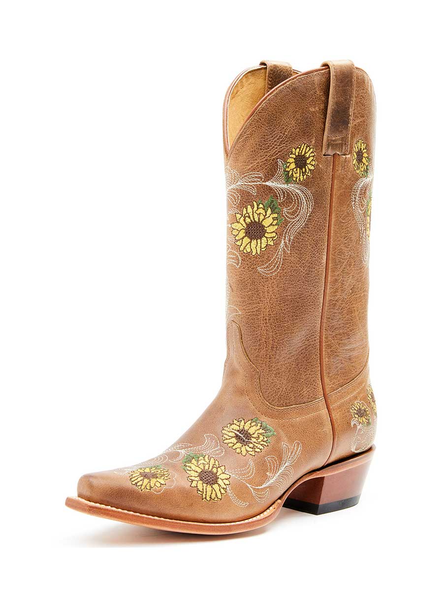 Snip Toe Sunflower Embroidered Mid-Calf Cowgirl Boots in Brown