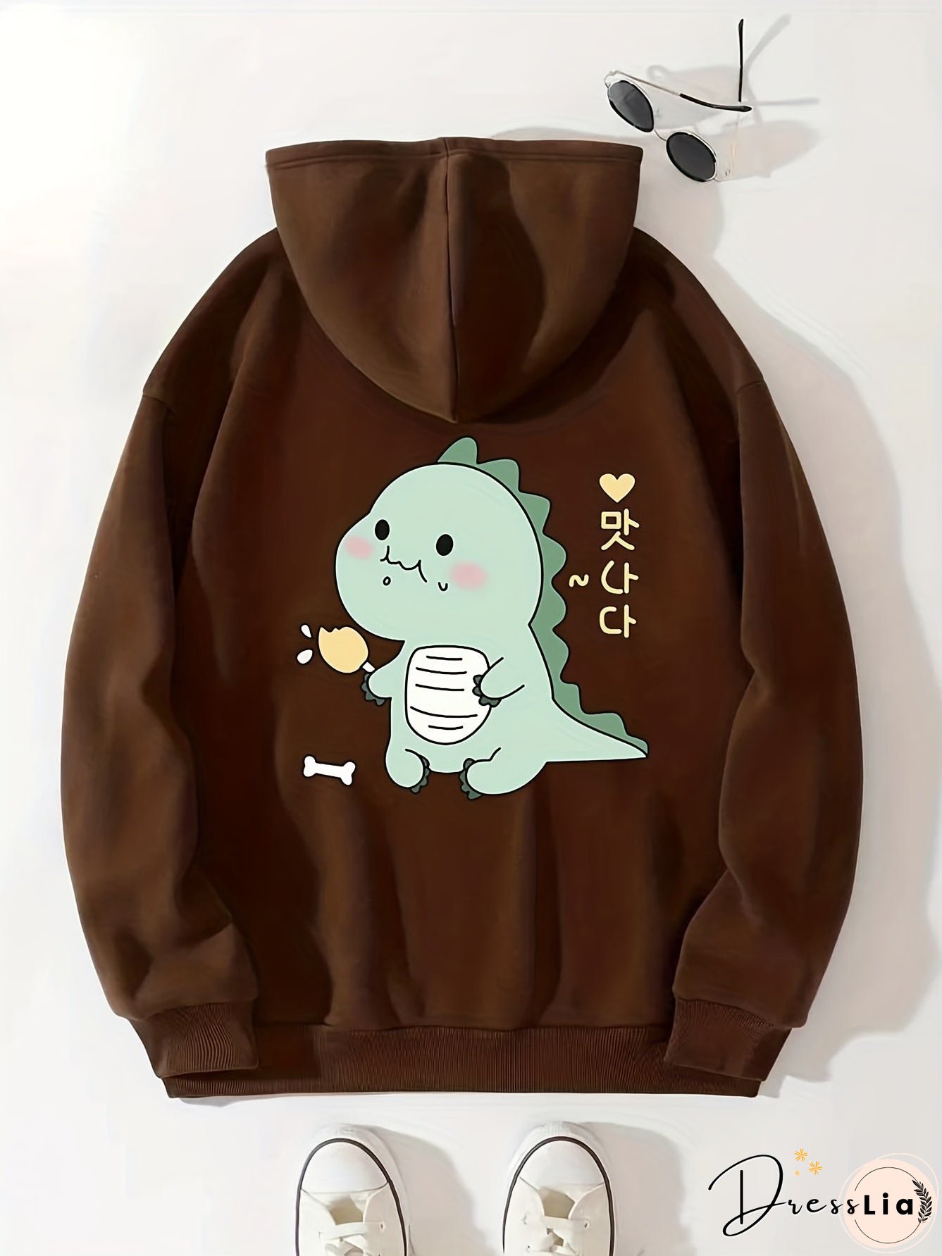 Cartoon Dinosaur Graphic Long Sleeve Fleece Hooded Sweatshirts Print Drawstring Sports