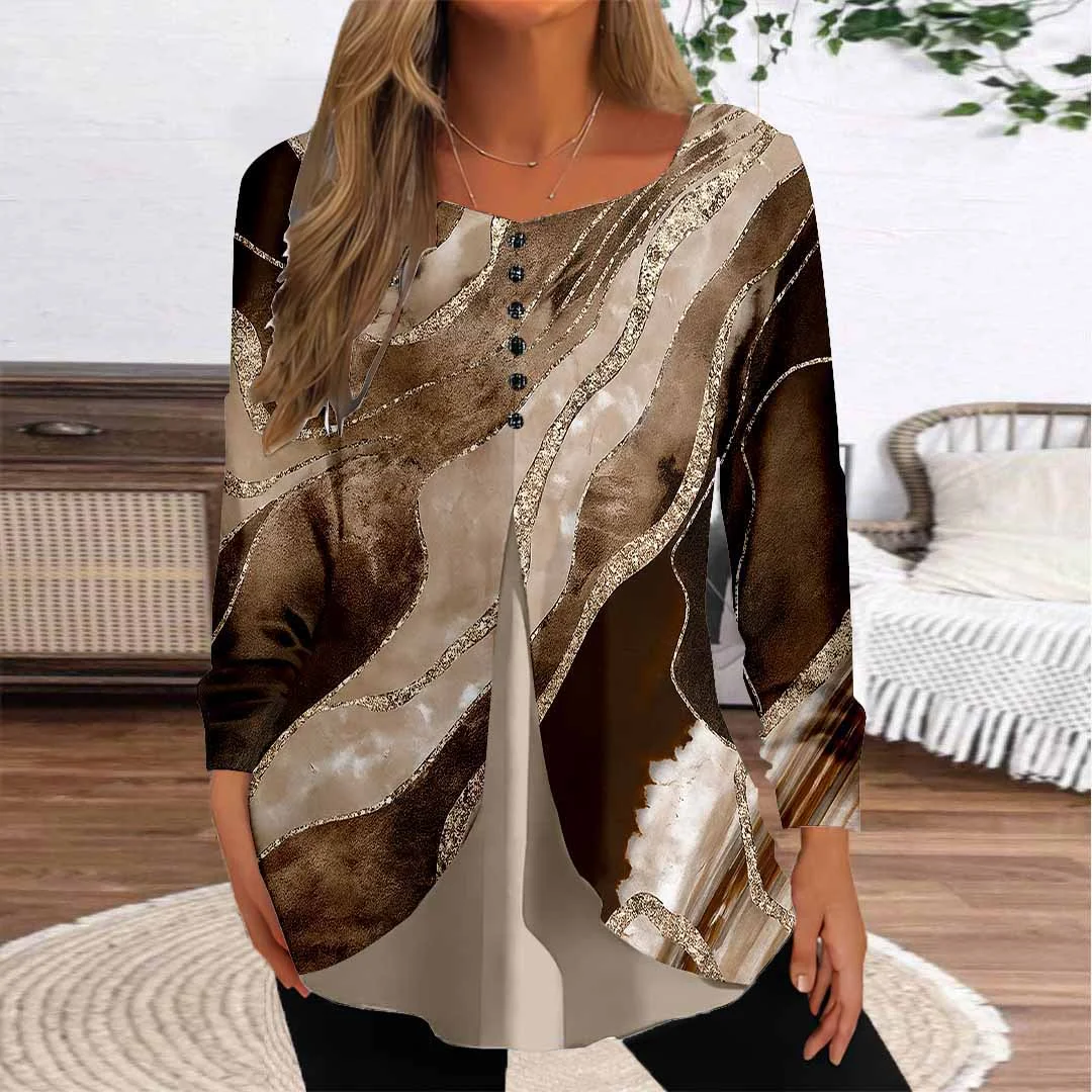 Women Graphic,Brown DZGG8300 Long Sleeve Scoop Neck Printed Graphic Button Fake 2in1 Tops