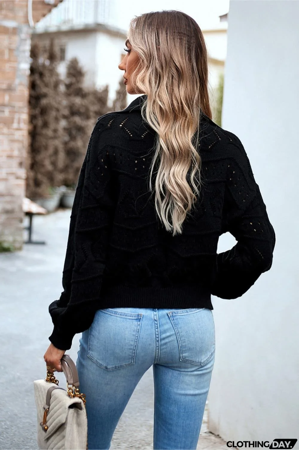 Openwork Long Sleeve Notched Neck Sweater