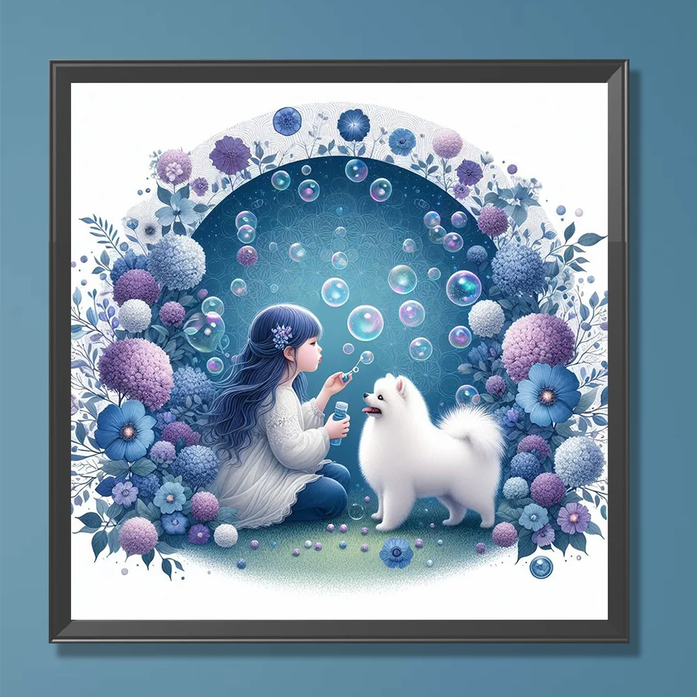 Full Round Diamond Painting 30*30cm - Girl And Samoyed Dog