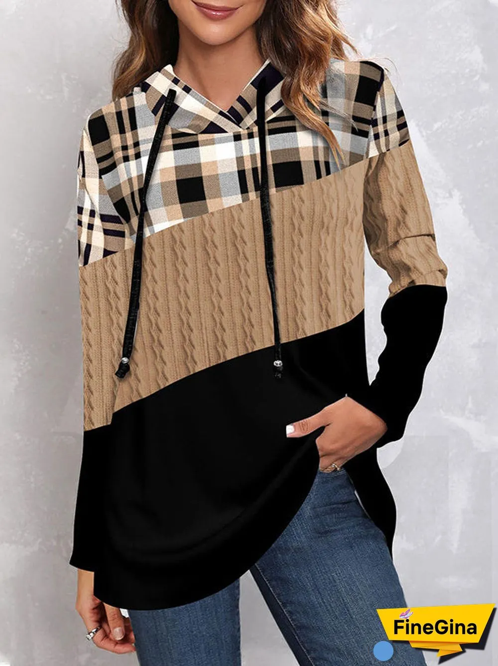 Women's Stitching Plaid Graphic Printed Scoop Neck Long Sleeve Top