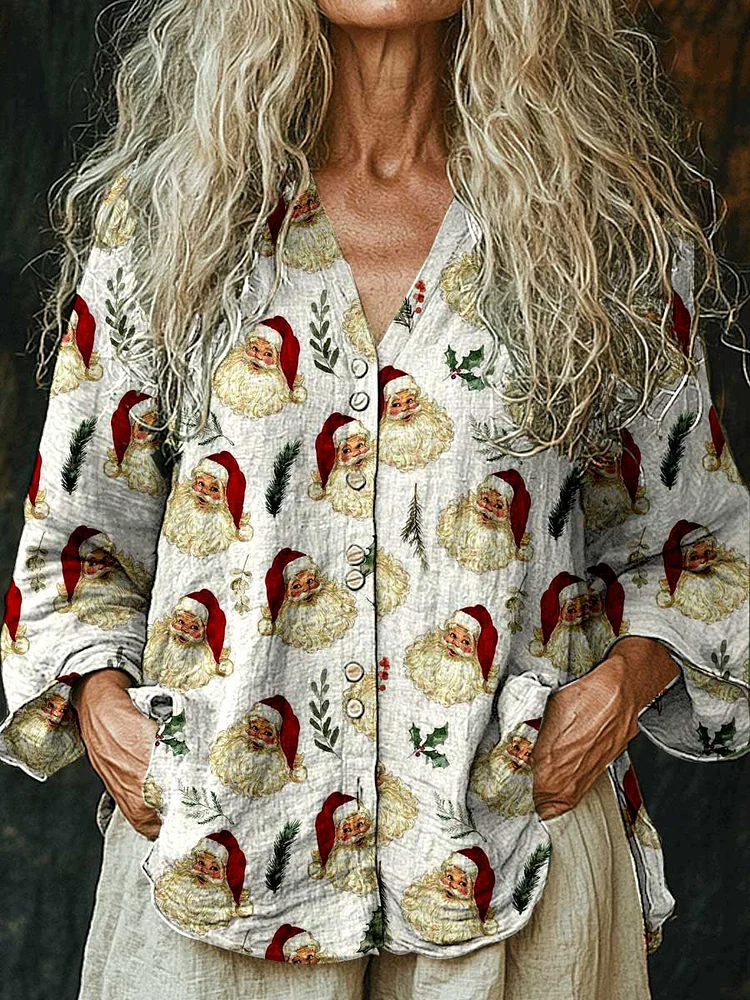 Womens Christmas Santa Long Sleeve Comfortable Cotton and Linen Shirt