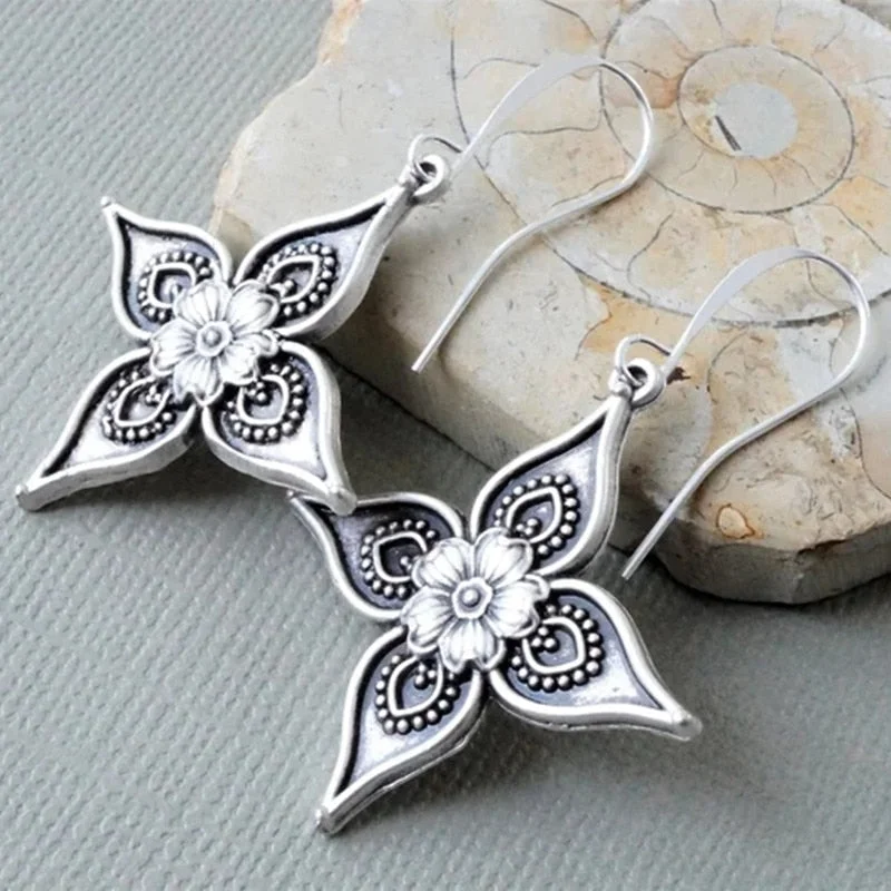 Vintage Cubic Zirconia Metal Hand Carved Flower Pattern Women's Hook Drop Earrings