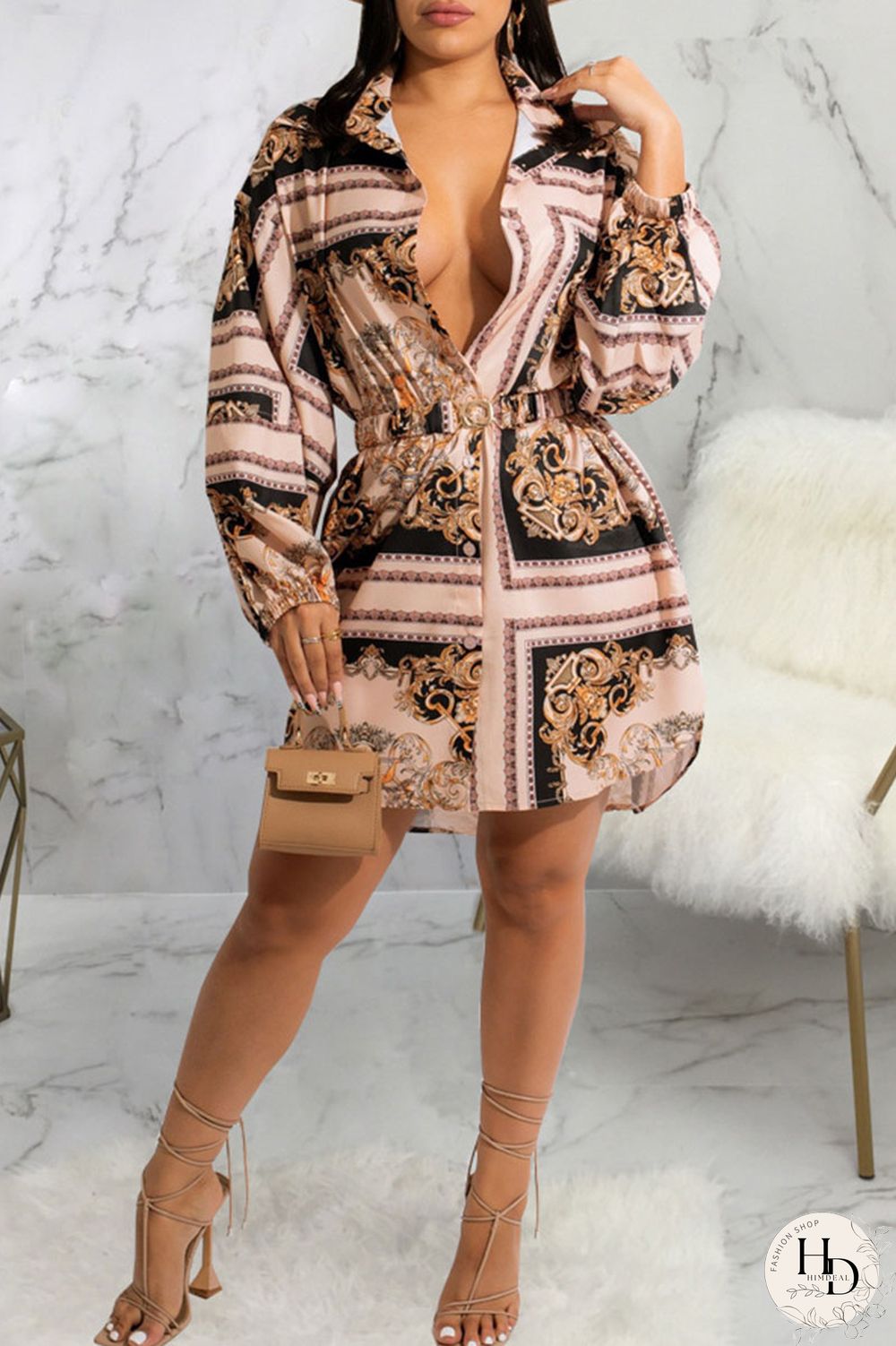 Multicolor Casual Print Split Joint Buckle Turndown Collar Shirt Dress Dresses