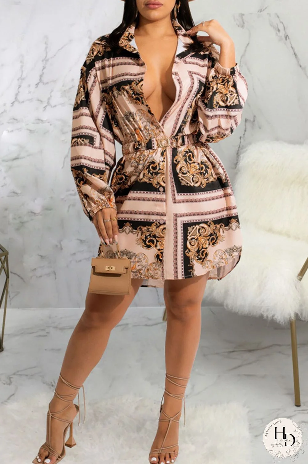 Multicolor Casual Print Split Joint Buckle Turndown Collar Shirt Dress Dresses