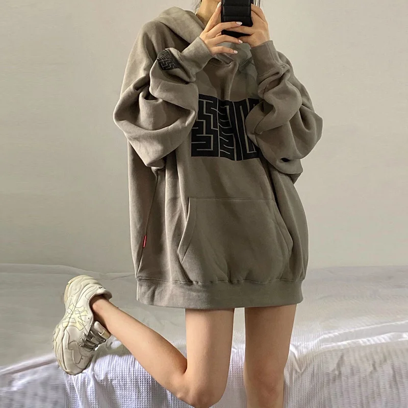 Uveng Uveng Plus Fleece Female 2024 Autumn Winter New Korean Version Student Print Hoodie Loose Coat Jacket Female Tide