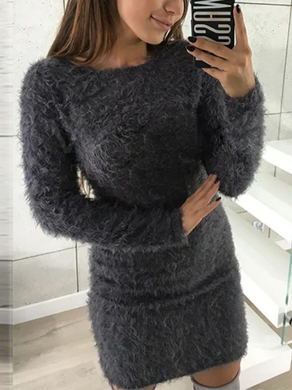Solid Color Long Sleeve Round Neck Plush Midi Dress